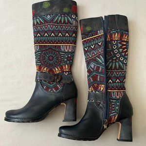 L' Artiste Natalia Dusky Blue Hand Painted Leather with Tapestry 37 (6.5-7)M NIB